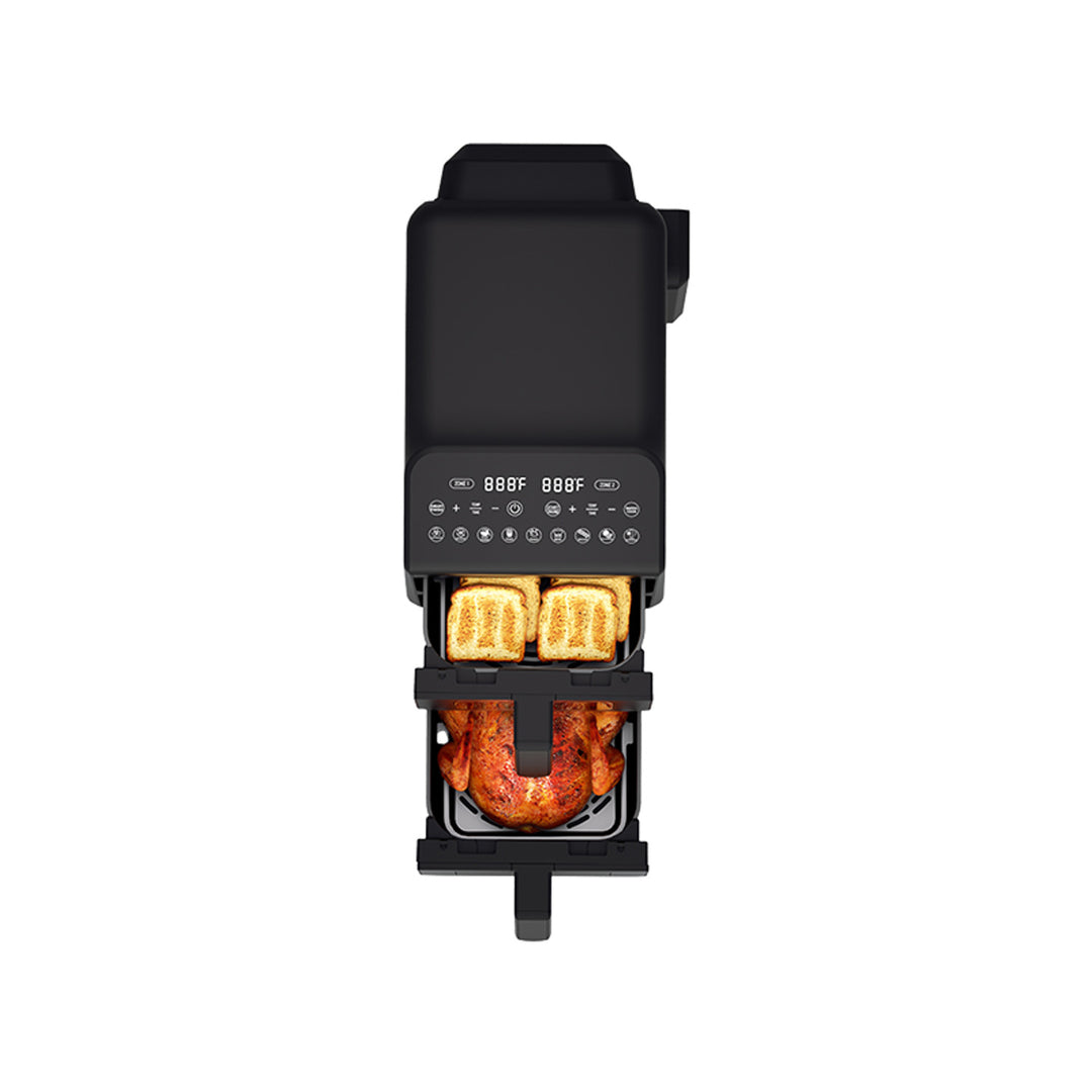Bezolejová fritéza LAFE, horkovzdušná fritéza, 2 komory 5 l, výkon 2460 W, LCD displej, Dual Fry