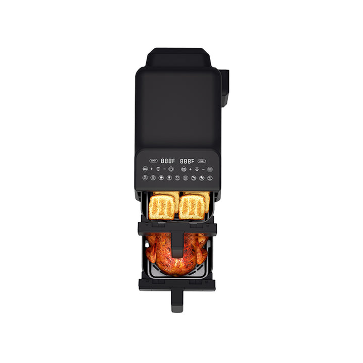 Bezolejová fritéza LAFE, horkovzdušná fritéza, 2 komory 5 l, výkon 2460 W, LCD displej, Dual Fry