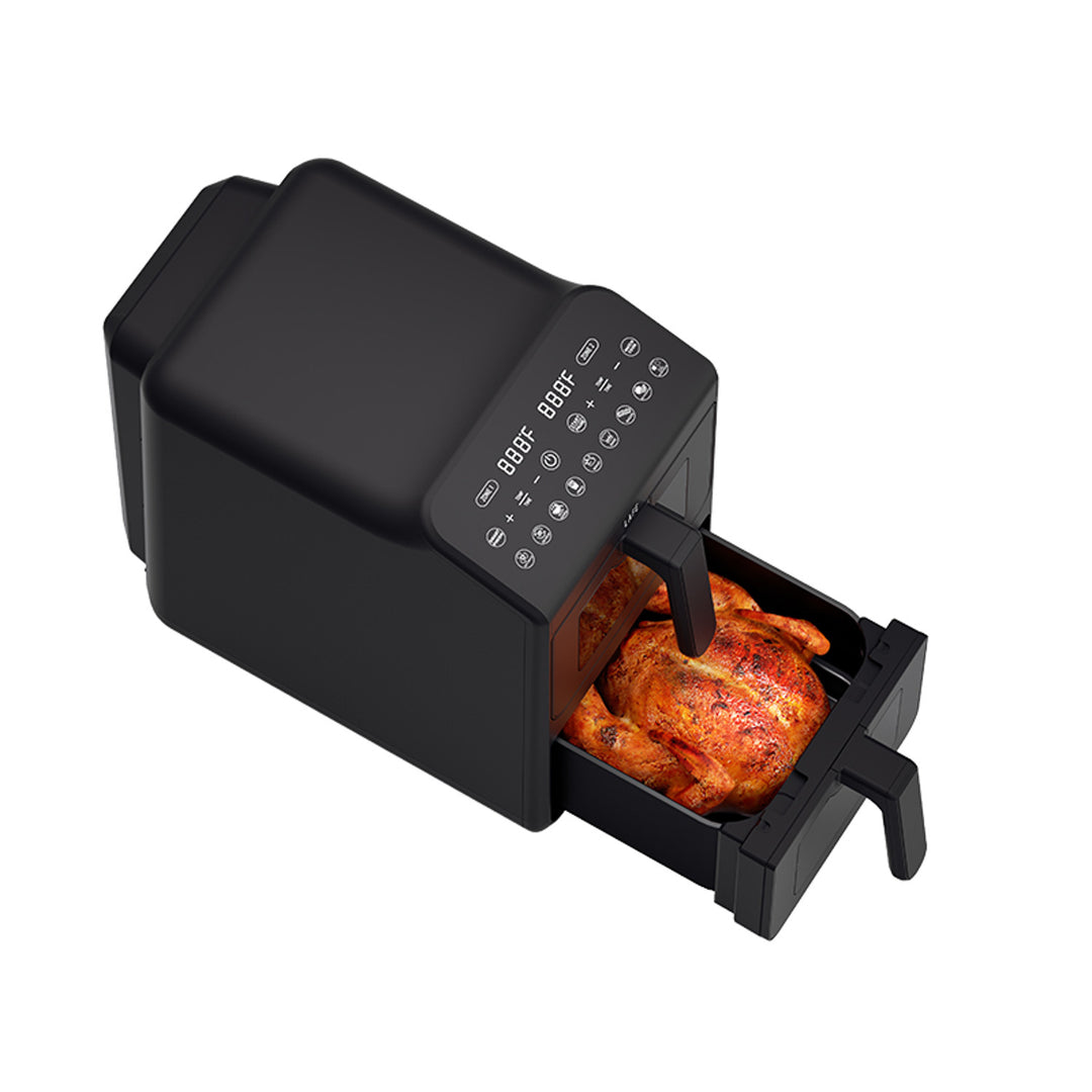 Bezolejová fritéza LAFE, horkovzdušná fritéza, 2 komory 5 l, výkon 2460 W, LCD displej, Dual Fry