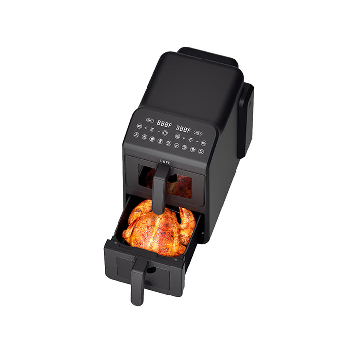 Bezolejová fritéza LAFE, horkovzdušná fritéza, 2 komory 5 l, výkon 2460 W, LCD displej, Dual Fry