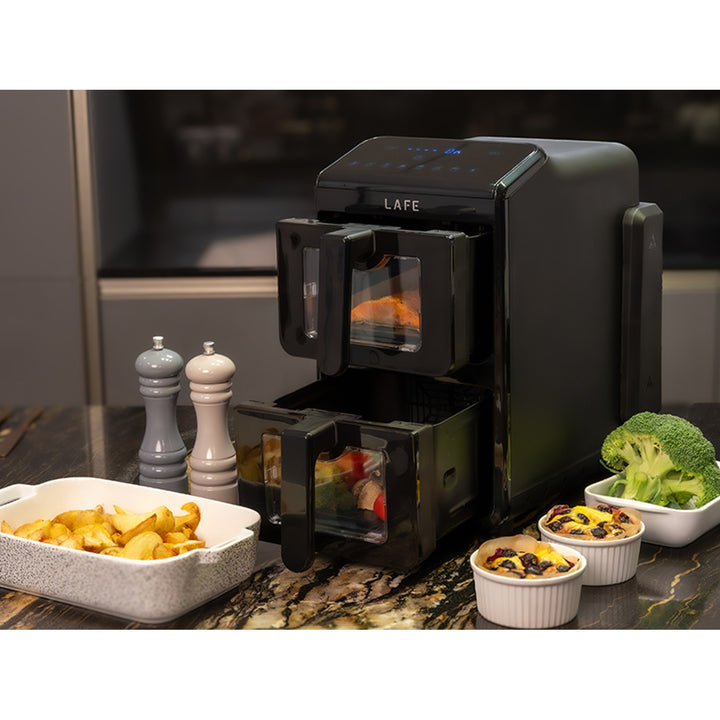 Bezolejová fritéza LAFE, horkovzdušná fritéza, 2 komory 5 l, výkon 2460 W, LCD displej, Dual Fry