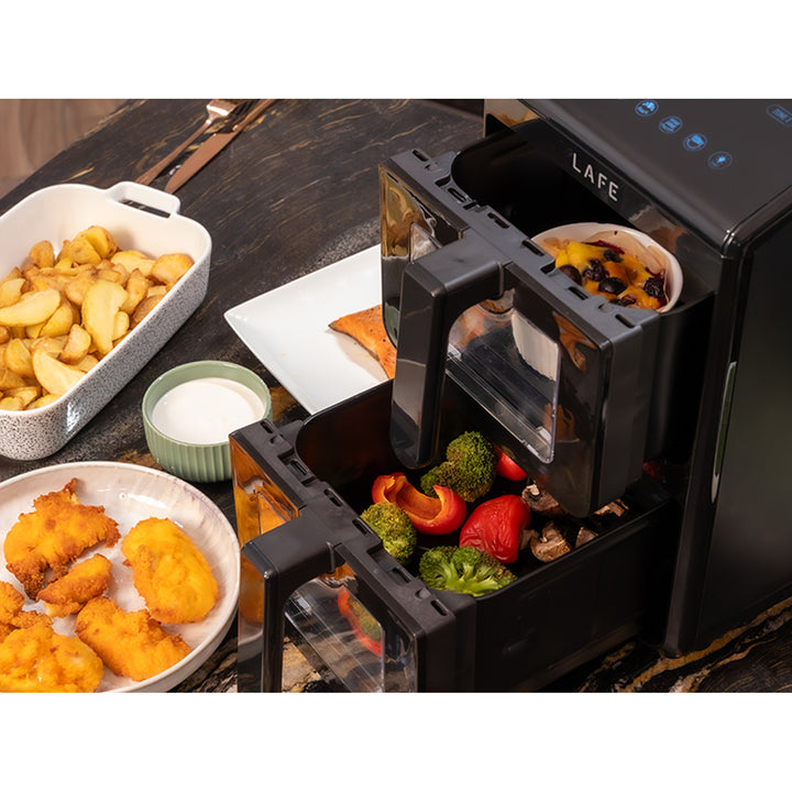 Bezolejová fritéza LAFE, horkovzdušná fritéza, 2 komory 5 l, výkon 2460 W, LCD displej, Dual Fry