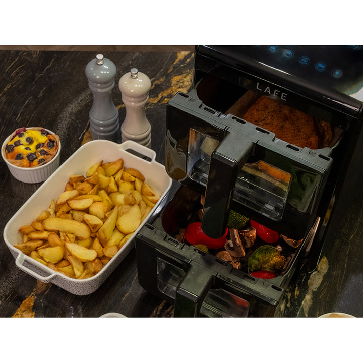 Bezolejová fritéza LAFE, horkovzdušná fritéza, 2 komory 5 l, výkon 2460 W, LCD displej, Dual Fry