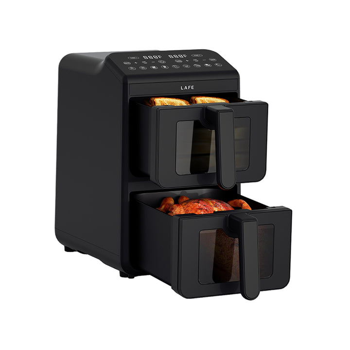 Bezolejová fritéza LAFE, horkovzdušná fritéza, 2 komory 5 l, výkon 2460 W, LCD displej, Dual Fry