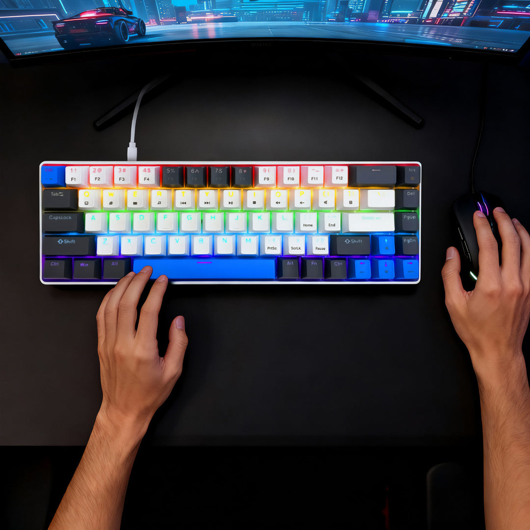 RED CORE MX60 – herní mechanická klávesnice typu short 60 %, mechanické spínače silent RED, barevné podsvícení, 68 kláves, USB-C. Barva: bílá/modrá. Mediatech