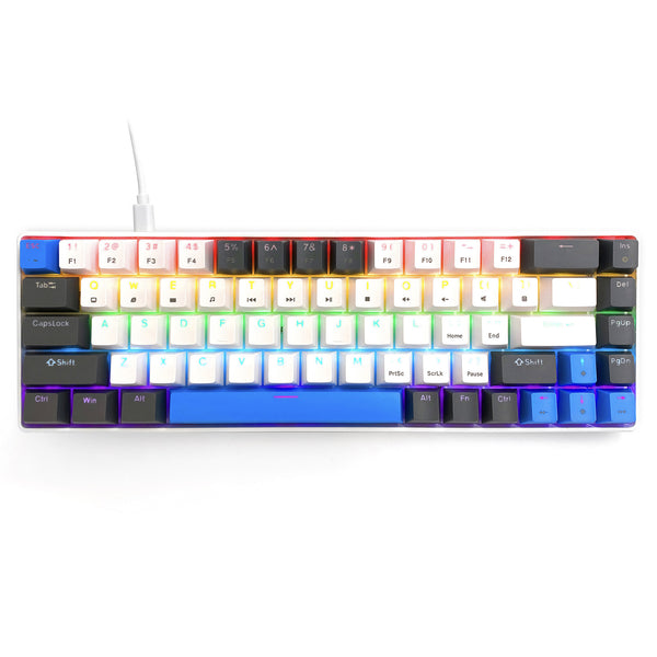 RED CORE MX60 – herní mechanická klávesnice typu short 60 %, mechanické spínače silent RED, barevné podsvícení, 68 kláves, USB-C. Barva: bílá/modrá. Mediatech