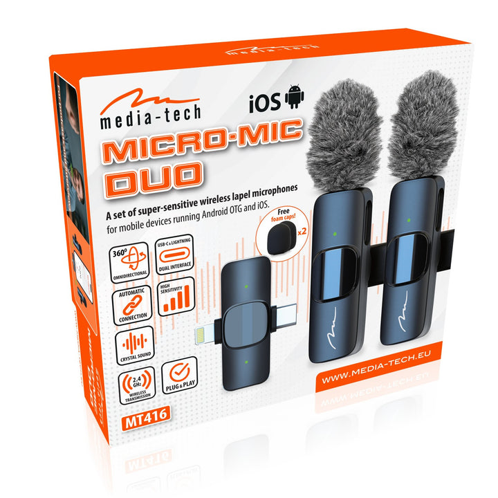 MICRO-MIC DUO – 2x bezdrátový klopový mikrofon (sada), s klipem, iOS a Android (OTG), mini, supercitlivý. USB-C a LIGHTNING, Mediatech