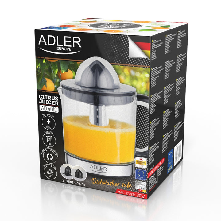Odšťavňovač citrusů Adler, objem 1,2 l, maximální výkon 60 W, černý, AD 4012