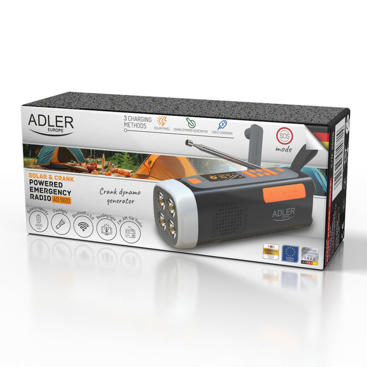 Nouzové rádio Adler, se solárním panelem, klikou a powerbankou, Bluetooth 5.0, LED svítilna 4 W, 4500 mAh, AD 1920