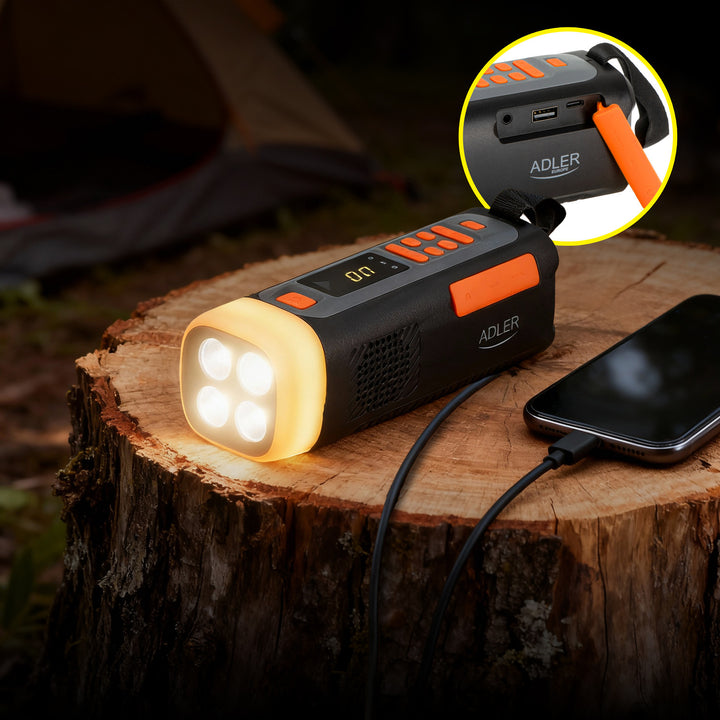 Nouzové rádio Adler, se solárním panelem, klikou a powerbankou, Bluetooth 5.0, LED svítilna 4 W, 4500 mAh, AD 1920