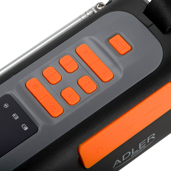 Nouzové rádio Adler, se solárním panelem, klikou a powerbankou, Bluetooth 5.0, LED svítilna 4 W, 4500 mAh, AD 1920