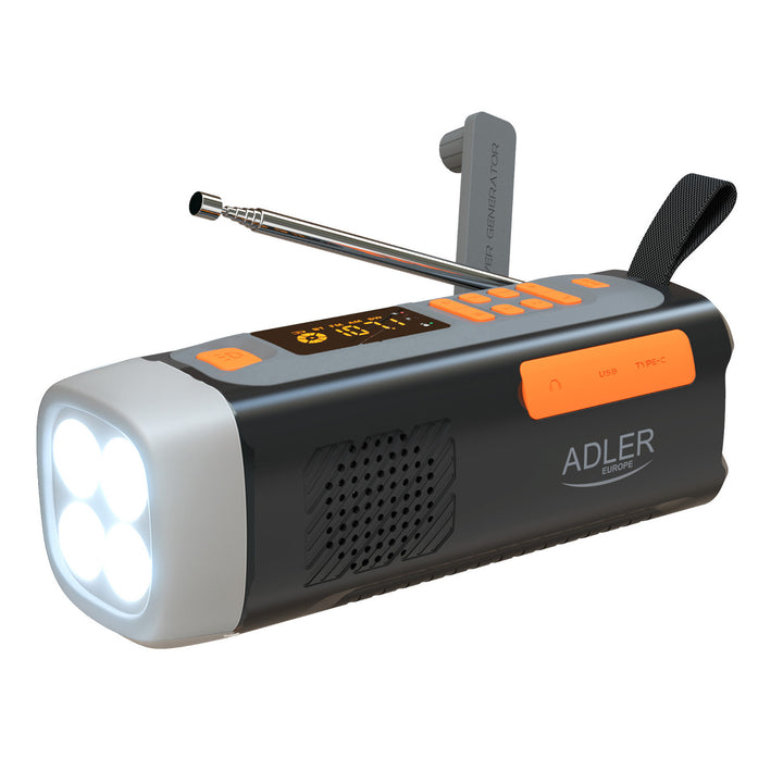 Nouzové rádio Adler, se solárním panelem, klikou a powerbankou, Bluetooth 5.0, LED svítilna 4 W, 4500 mAh, AD 1920