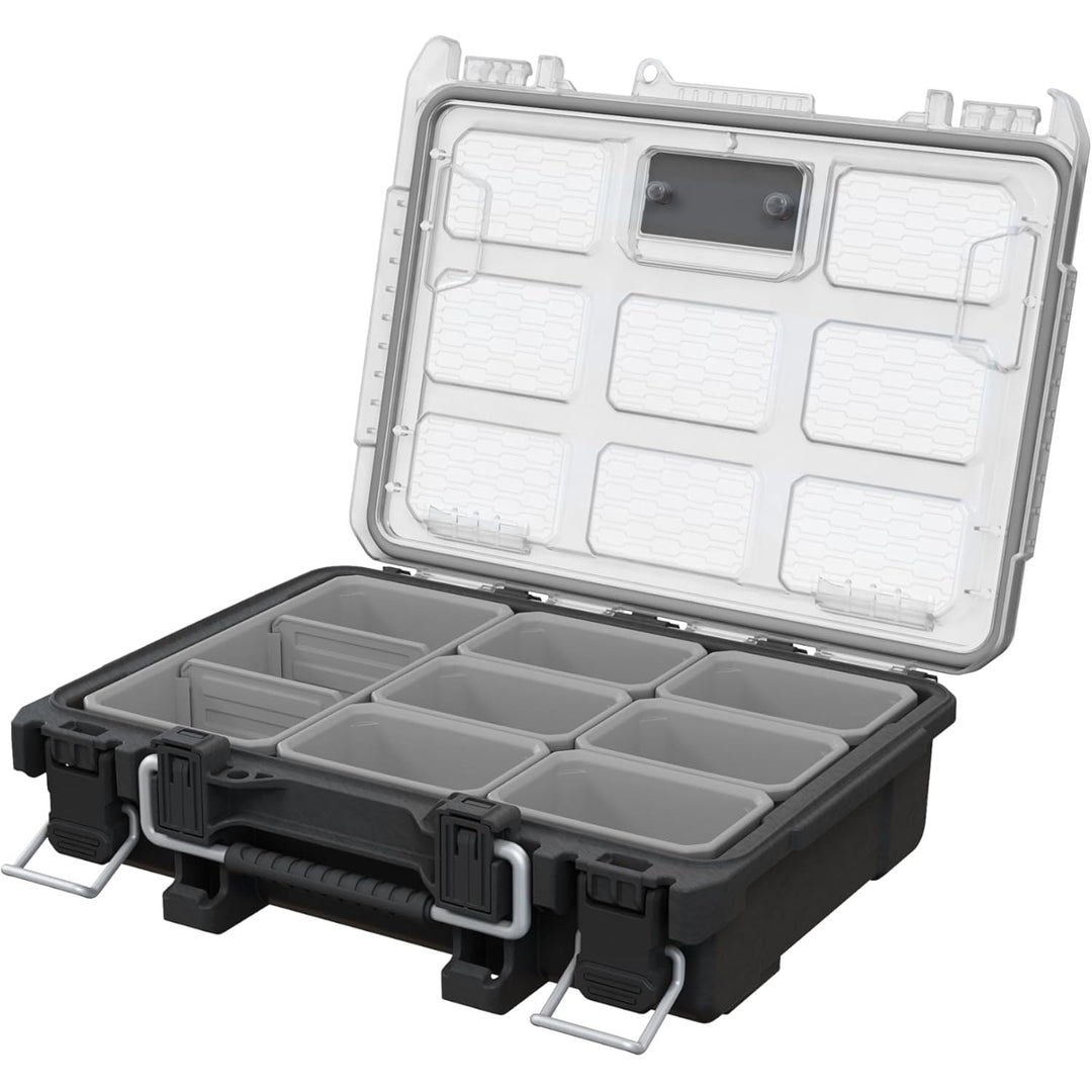 Organizér na nářadí Keter ROC Pro Gear 2.0, držák pro montáž na zeď, průhledný a odolný kryt, těsnění chránící před prachem a vodou, kovové západky, 256983