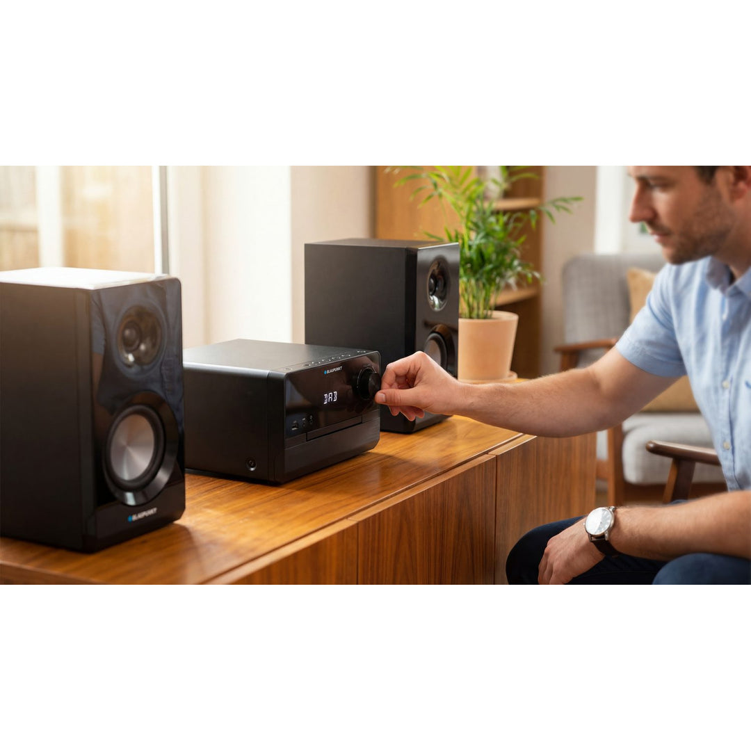 Mikrotower Blaupunkt, výkon 100 W RMS, tuner DAB+, LED displej, FM rádio, teleskopická anténa v sadě, konektor HDMI ARC, CD/MP3/USB/BT, budík s funkcí alarmu, MS49DAB