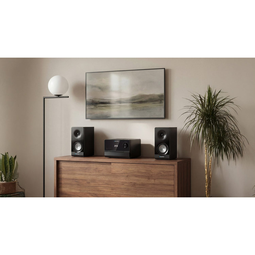 Mikrotower Blaupunkt, výkon 100 W RMS, tuner DAB+, LED displej, FM rádio, teleskopická anténa v sadě, konektor HDMI ARC, CD/MP3/USB/BT, budík s funkcí alarmu, MS49DAB