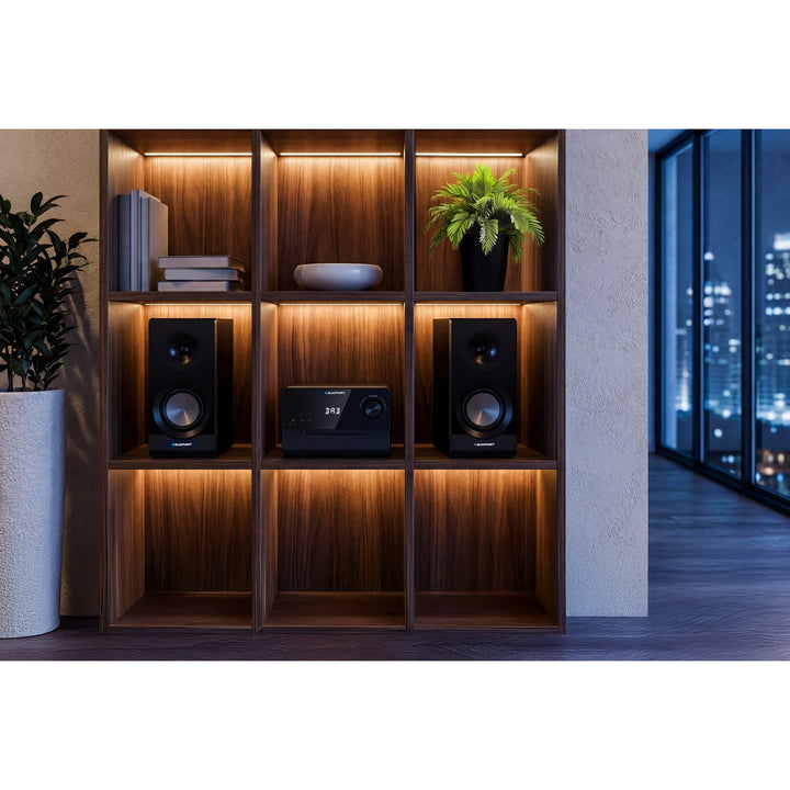 Mikrotower Blaupunkt, výkon 100 W RMS, tuner DAB+, LED displej, FM rádio, teleskopická anténa v sadě, konektor HDMI ARC, CD/MP3/USB/BT, budík s funkcí alarmu, MS49DAB