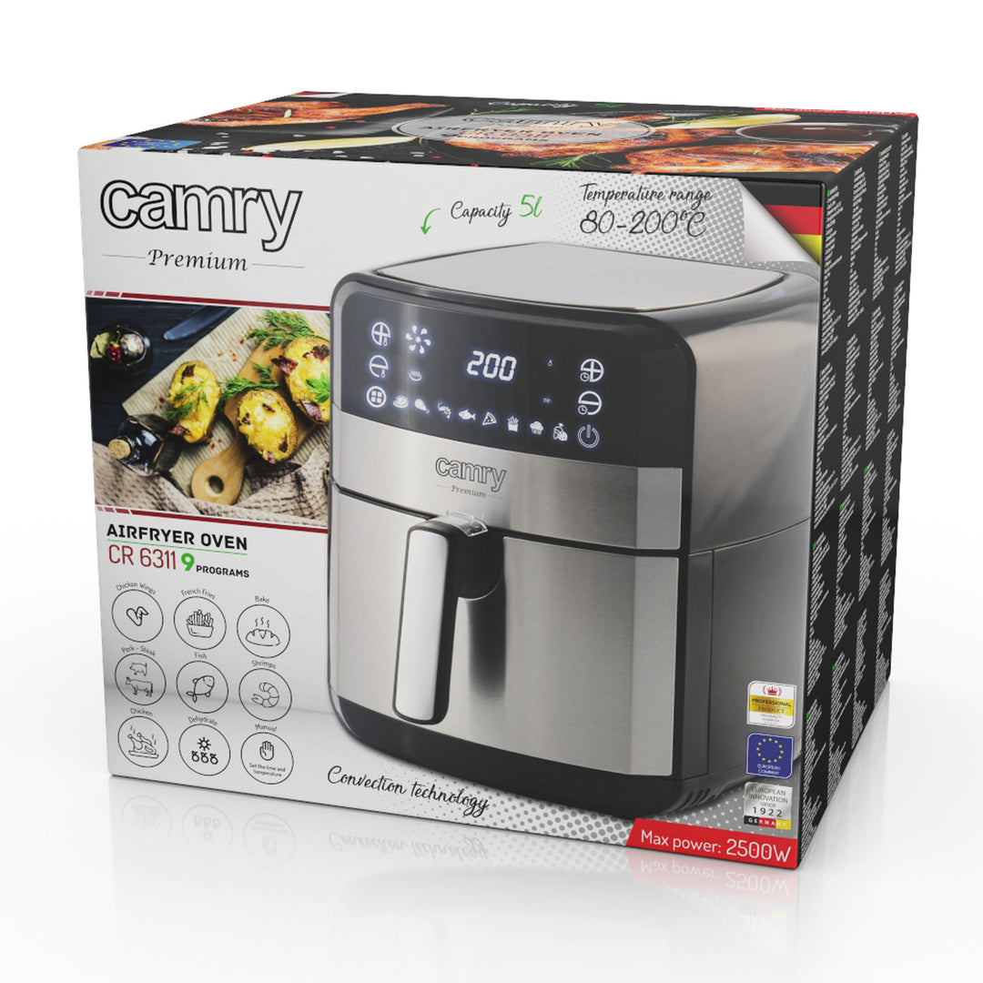 Bezolejová fritéza, 9 programů, 5,0 l, Airfryer, Camry CR 6311 + papírové vložky do fritézy, 16 cm, biologicky rozložitelné, 100 kusů