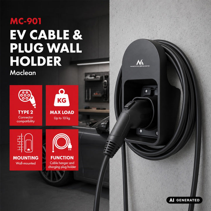 Nástěnný držák na kabel a zástrčku pro nabíječku elektromobilů Maclean, univerzální, typ 2, max. nosnost 10 kg, MC-901