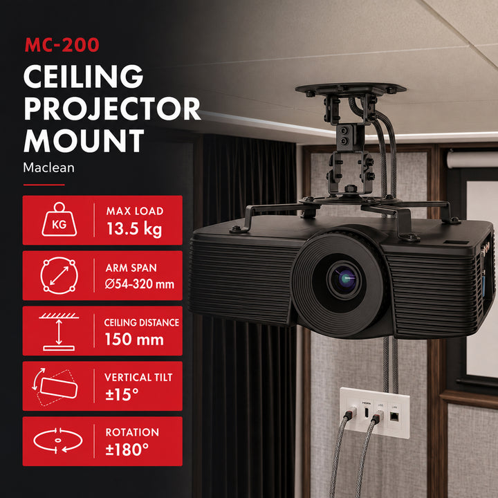Stropní držák / závěs pro projektor Maclean, 54–320 mm, do 13,5 kg, otočný o 360 stupňů MC-200 B