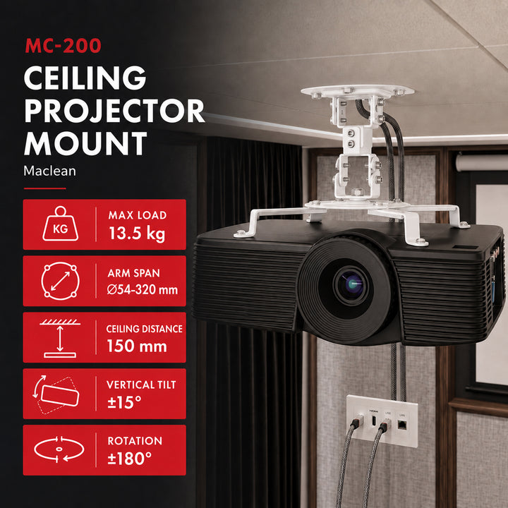 Stropní držák / závěs pro projektor Maclean, 54–320 mm, do 13,5 kg, otočný o 360 stupňů MC-200 W