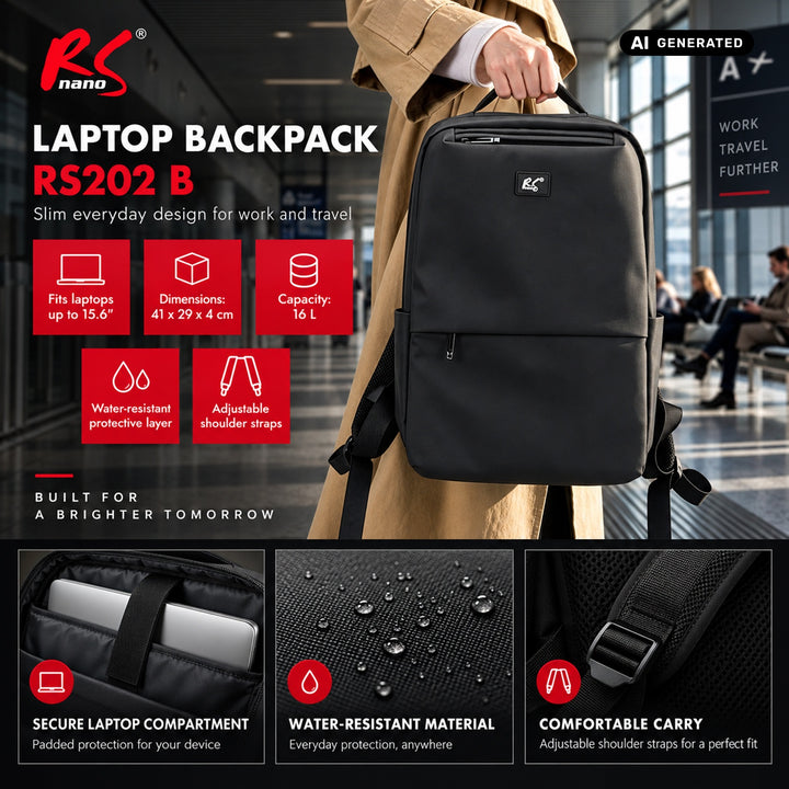 Batoh na notebook NanoRS, 15,6", černý, 41x29x4, voděodolný RS202 B