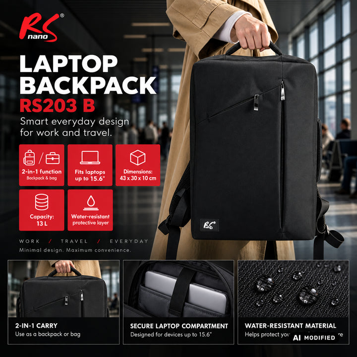 Batoh na notebook NanoRS, 15,6", černý, 43×30×10, voděodolný RS203 B