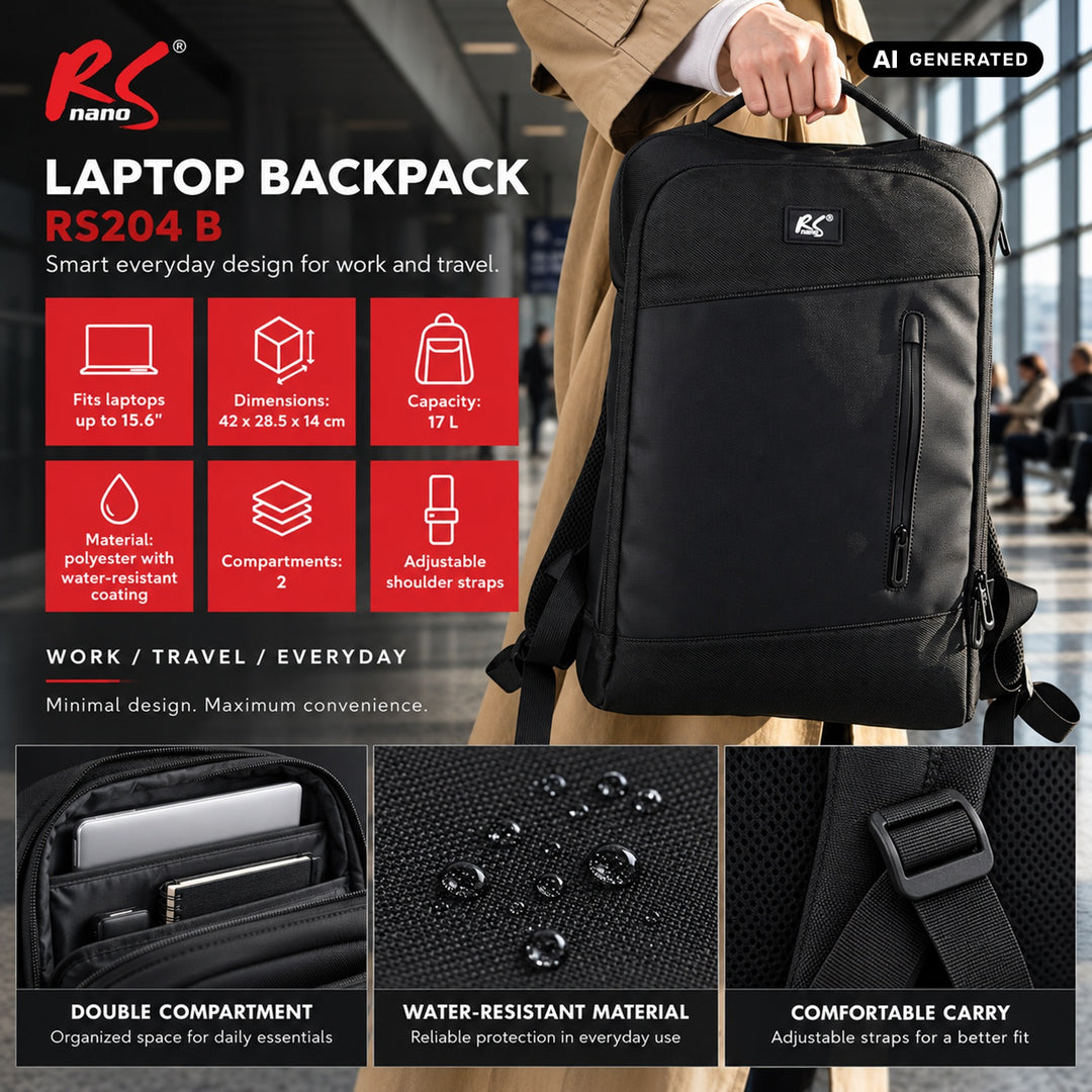Batoh na notebook NanoRS, 15,6", černý, 42 × 28,5 × 14, voděodolný RS204 B