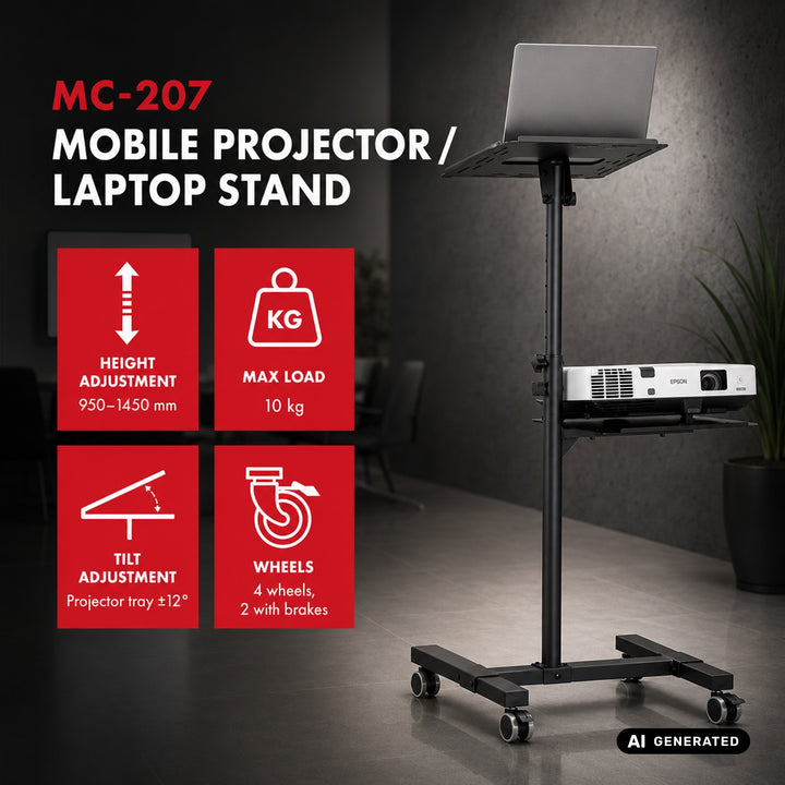 Pohyblivý stolek pro projektor/notebook Maclean, výškově nastavitelný, ocelový, max. 10 kg, MC-207