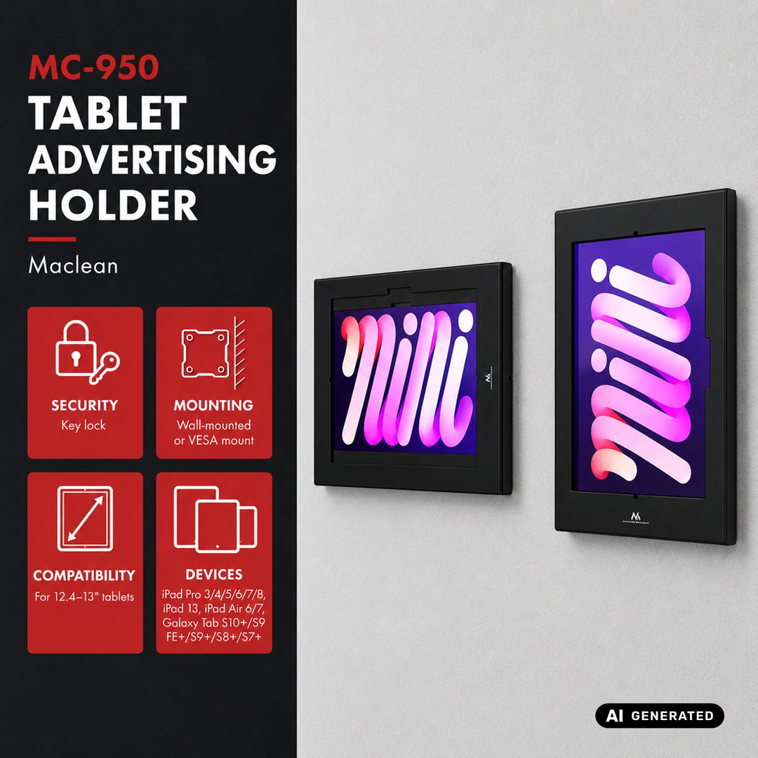 Reklamní držák na tablet Maclean, s aretací, 12,4"–13", iPad Air/Pro, Samsung Tab S10+/S9+/S8+/S7+, 257 × 350 × 22 mm, MC-950 B