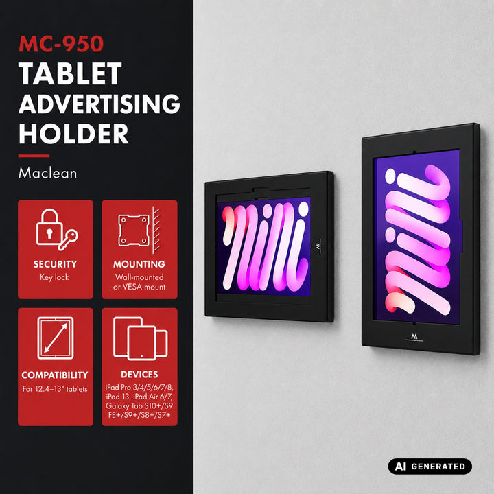 Reklamní držák na tablet Maclean, s aretací, 12,4"–13", iPad Air/Pro, Samsung Tab S10+/S9+/S8+/S7+, 257 × 350 × 22 mm, MC-950 B