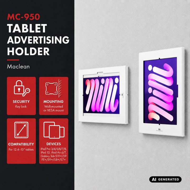 Reklamní držák na tablet Maclean, s aretací, 12,4"–13", iPad Air/Pro, Samsung Tab S10+/S9+/S8+/S7+, 257 × 350 × 22 mm, MC-950 W