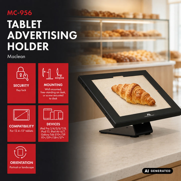Reklamní držák na tablet Maclean, s aretací, 12,4"–13", iPad Air/Pro, Samsung Tab S10+/S9+/S8+/S7+, 257 × 350 × 22 mm, MC-956 B