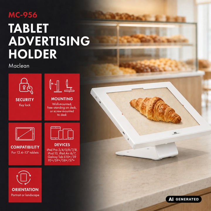 Reklamní držák na tablet Maclean, s aretací, 12,4"–13", iPad Air/Pro, Samsung Tab S10+/S9+/S8+/S7+, 257 × 350 × 22 mm, MC-956 W