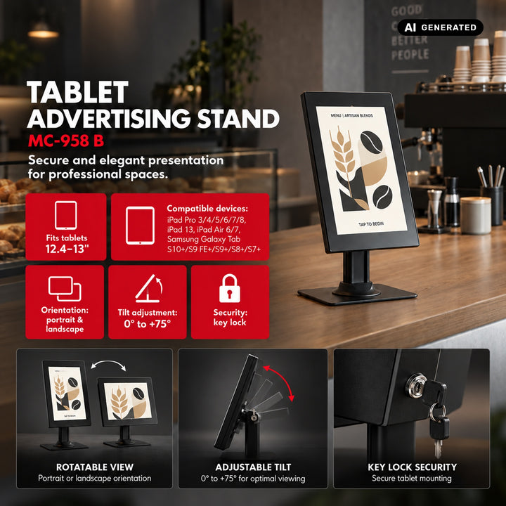 Reklamní držák na tablet Maclean s aretací. 12,4"–13", iPad Air/Pro, Samsung Tab S10+/S9+/S8+/S7+, 257 × 350 × 22 mm, MC-958 B