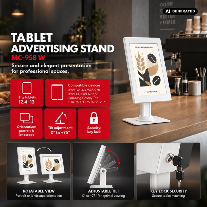 Reklamní držák na tablet Maclean, s aretací, 12,4"–13", iPad Air/Pro, Samsung Tab S10+/S9+/S8+/S7+, 257 × 350 × 22 mm, MC-958 W