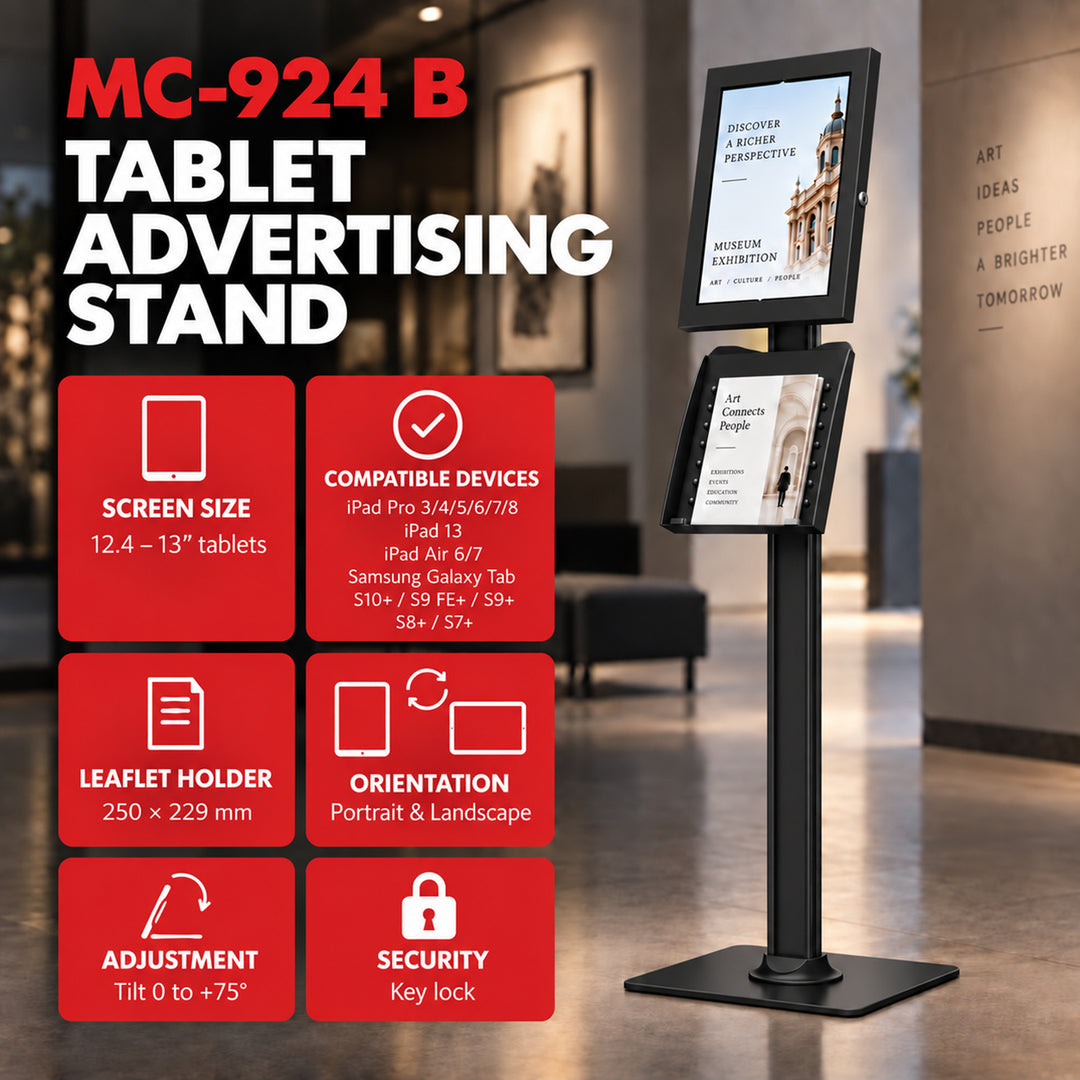 Reklamní držák na tablet Maclean, s aretací. 12,4"–13", iPad Air/Pro, Samsung Tab S10+/S9+/S8+/S7+, 257 × 350 × 22 mm, MC-924 B
