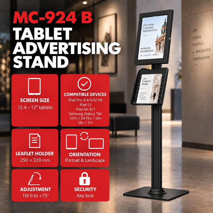 Reklamní držák na tablet Maclean, s aretací. 12,4"–13", iPad Air/Pro, Samsung Tab S10+/S9+/S8+/S7+, 257 × 350 × 22 mm, MC-924 B