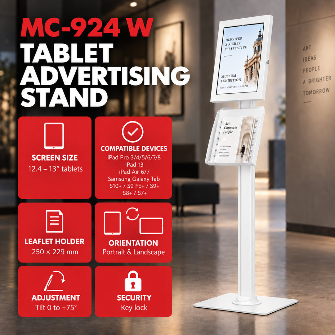 Reklamní držák na tablet Maclean, s aretací, 12,4"–13", iPad Air/Pro, Samsung Tab S10+/S9+/S8+/S7+, 257 × 350 × 22 mm, MC-924 W