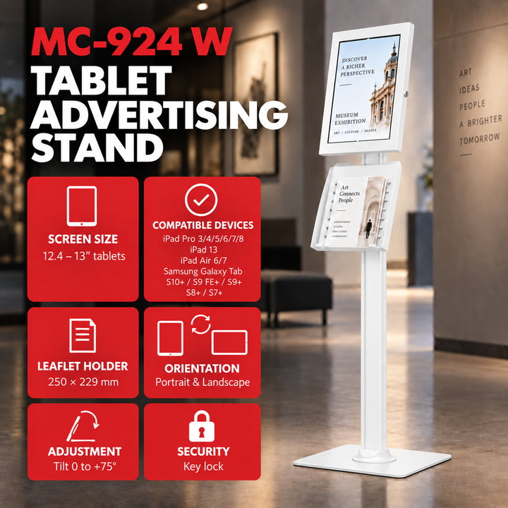Reklamní držák na tablet Maclean, s aretací, 12,4"–13", iPad Air/Pro, Samsung Tab S10+/S9+/S8+/S7+, 257 × 350 × 22 mm, MC-924 W