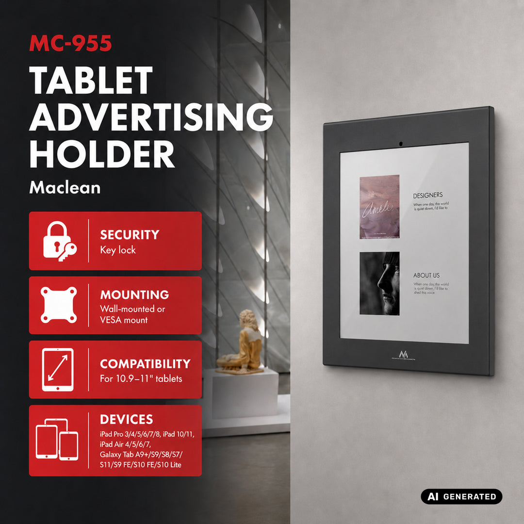 Reklamní držák na tablet Maclean, s aretací, 10,9"–11", iPad Air/Pro, Samsung Tab A a S Series, 220 × 323 × 22 mm, MC-955 B