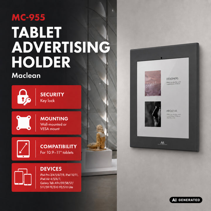 Reklamní držák na tablet Maclean, s aretací, 10,9"–11", iPad Air/Pro, Samsung Tab A a S Series, 220 × 323 × 22 mm, MC-955 B