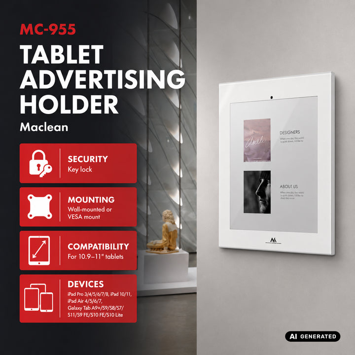 Reklamní držák na tablet Maclean, s aretací, 10,9"–11", iPad Air/Pro, Samsung Tab A&S Series, 220 × 323 × 22 mm, MC-955 W