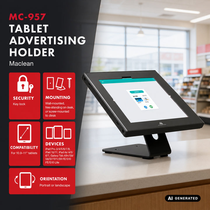Reklamní držák na tablet Maclean, s aretací, 10,9"–11", iPad Air/Pro, Samsung Tab A a S Series, 220 × 323 × 22 mm, MC-957 B