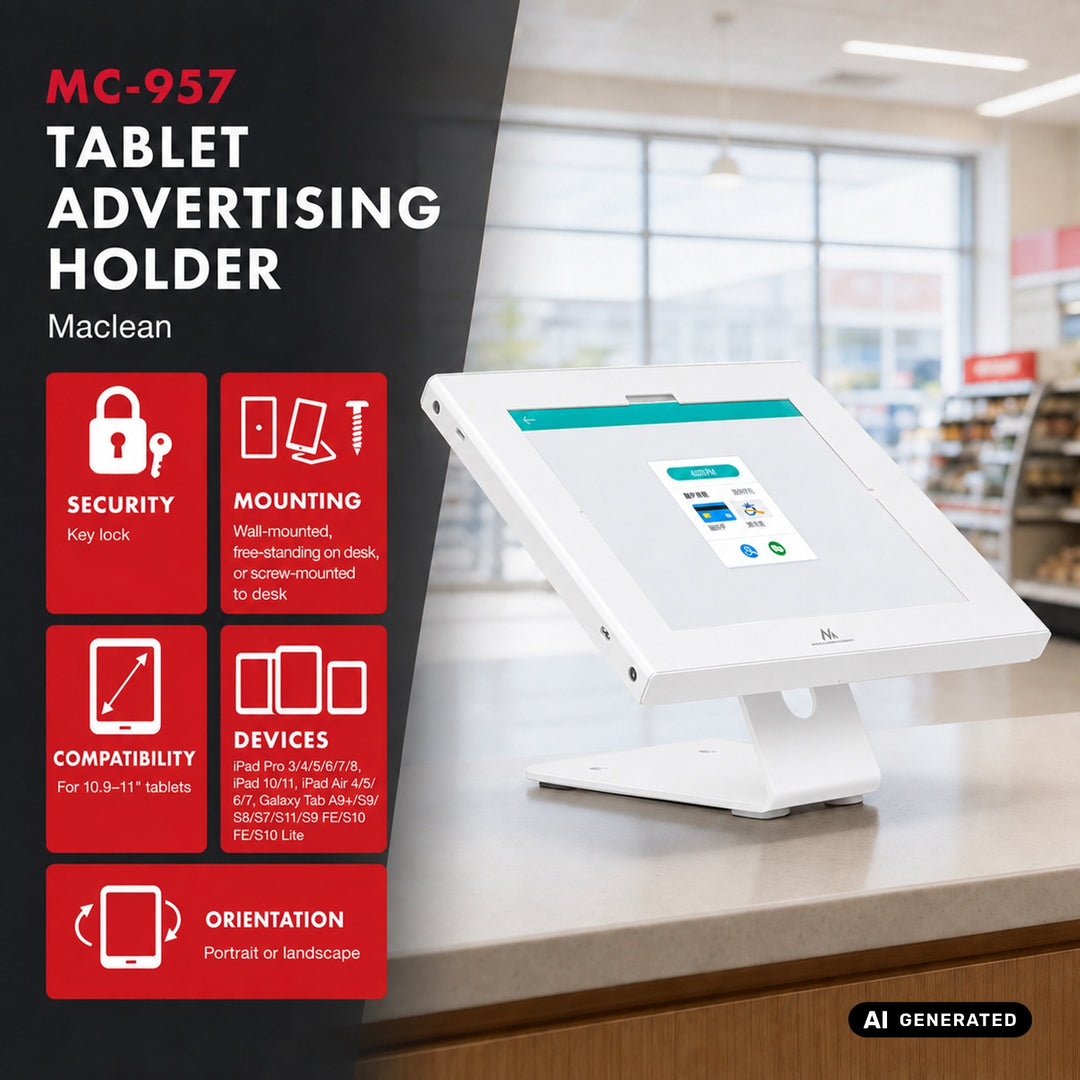 Reklamní držák na tablet Maclean, s aretací, 10,9"–11", iPad Air/Pro, Samsung Tab A&S Series, 220 × 323 × 22 mm, MC-957 W