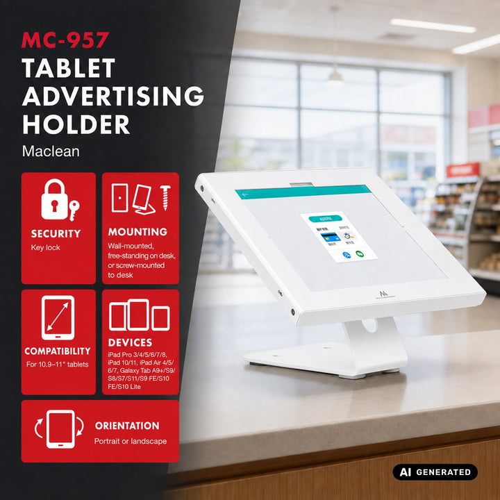 Reklamní držák na tablet Maclean, s aretací, 10,9"–11", iPad Air/Pro, Samsung Tab A&S Series, 220 × 323 × 22 mm, MC-957 W