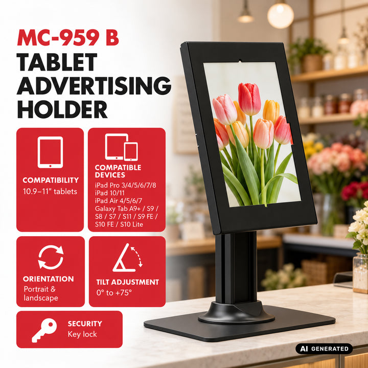 Reklamní držák na tablet Maclean, s aretací, 10,9"–11", iPad Air/Pro, Samsung Tab A&S Series, 220 × 323 × 22 mm, MC-959 B