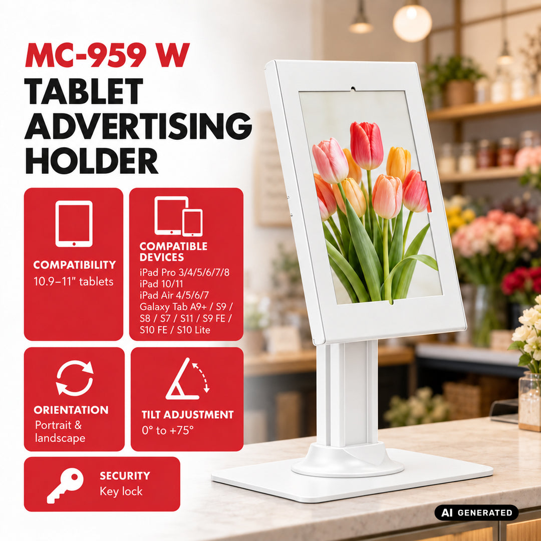 Reklamní držák na tablet Maclean, s aretací, 10,9"–11", iPad Air/Pro, Samsung Tab A a S Series, 220 × 323 × 22 mm, MC-959 W