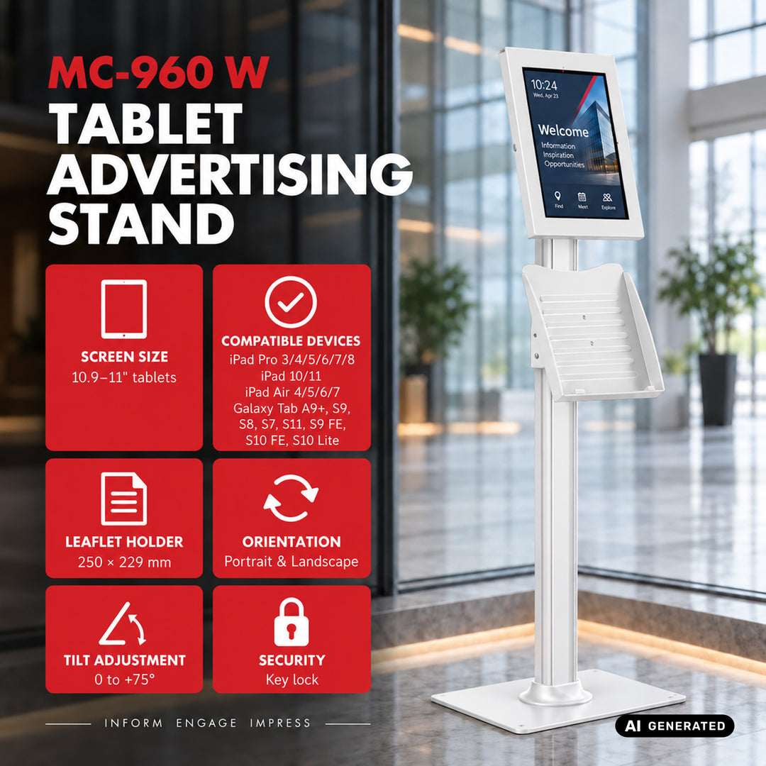 Reklamní držák na tablet Maclean, s aretací, 10,9"–11", iPad Air/Pro, Samsung Tab A a S Series, 220 × 323 × 22 mm, MC-960 W