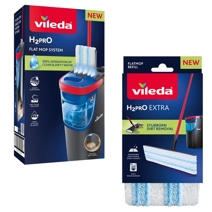Plochý mop Vileda H2prO, 100% oddělení čisté vody od špinavé, dva zásobníky, 2 mikrovláknové nástavce, 360° koncovka, 175774