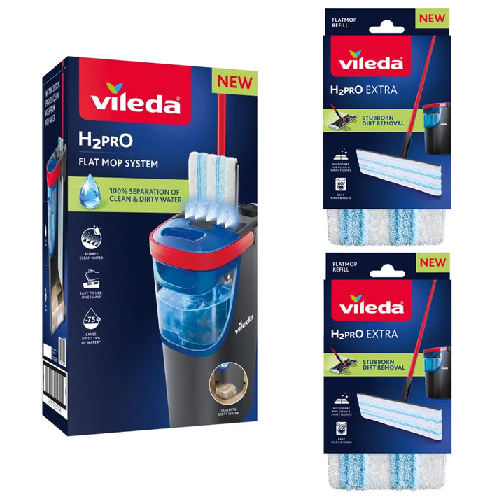 Plochý mop Vileda H2prO, 100% oddělení čisté a špinavé vody, dva zásobníky, 3 mikrovláknové nástavce, 360° koncovka, 175774